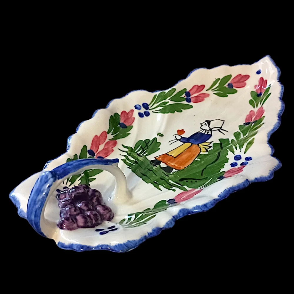 Blue Ridge Pottery Handled‎ Leaf Celery Dish Hand Painted Vintage French Peasant